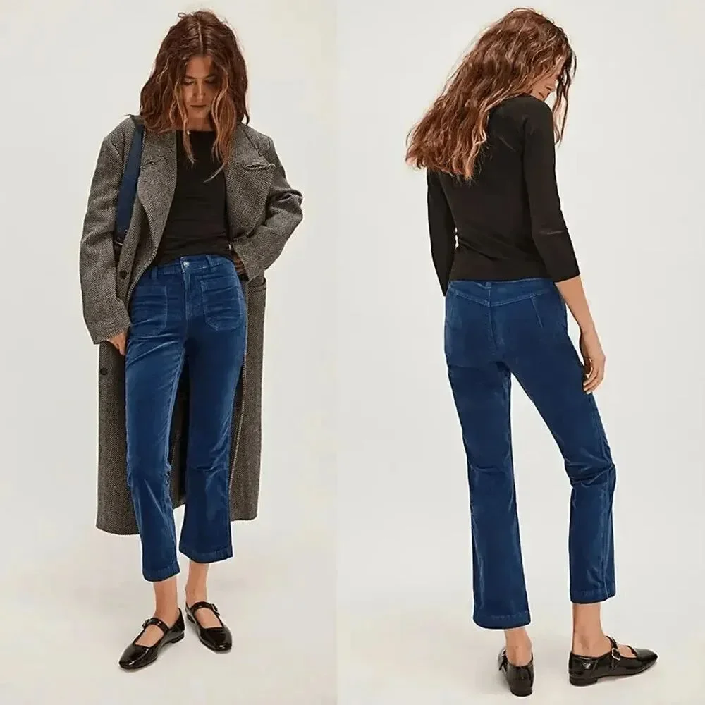 Free People High Time Velvet Kick Flare Crop Blue Pants Size 8